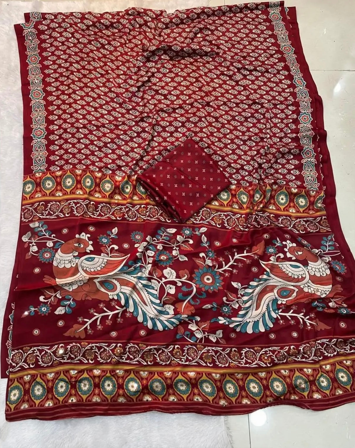 Usha - Semi Gajji Silk Mirror-work Ajrakh and Kalamkari