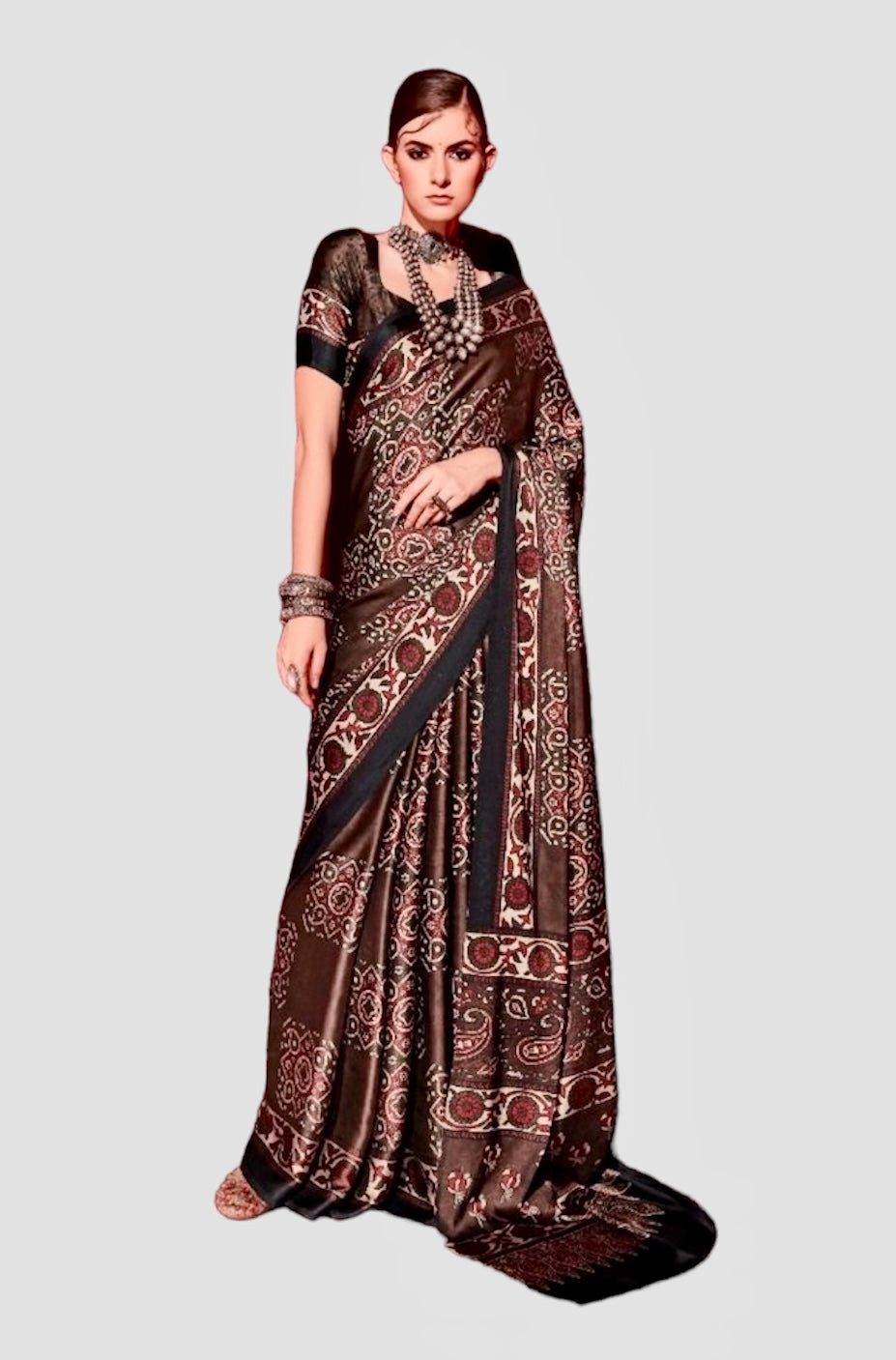 Mohar Ajrakh Print Prestitched Saree with Blouse