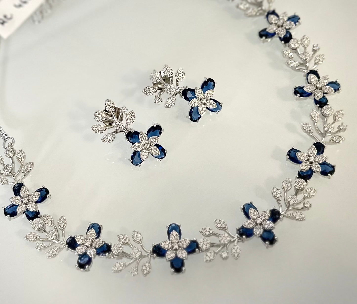Floral Sapphire American Diamond Necklace Set
