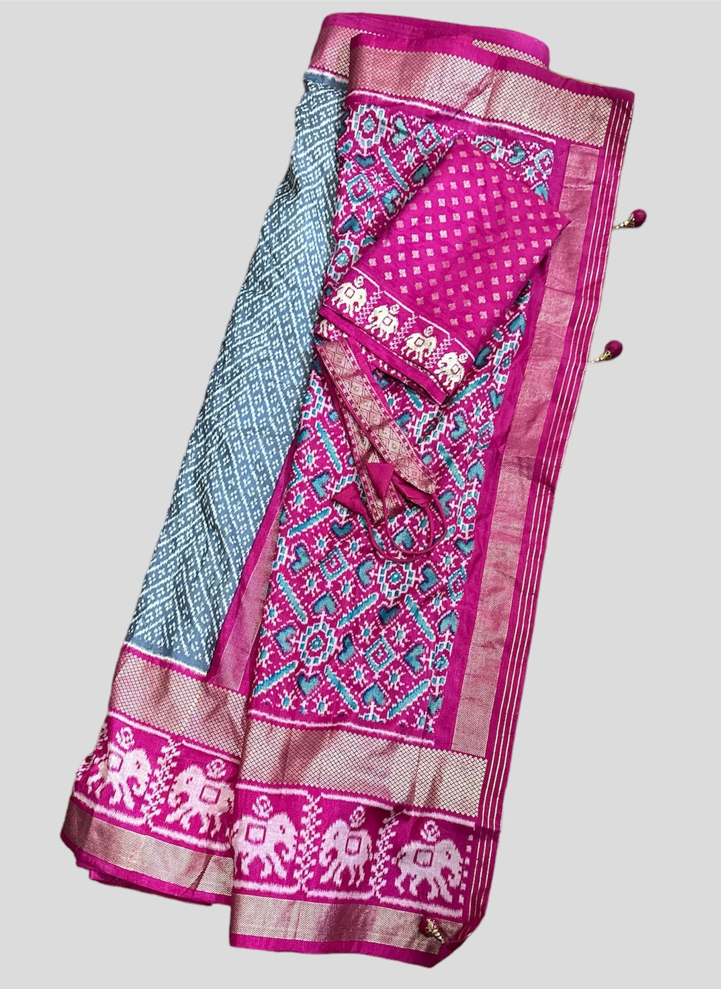 Pre-stitched Patola Design Saree - Gray