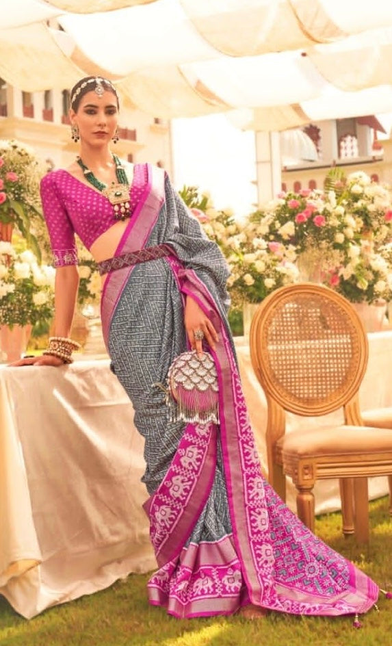 Pre-stitched Patola Design Saree - Gray