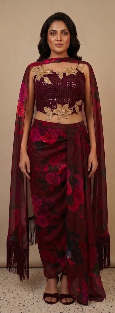 maroon indo-western outfit with floral patterns 
