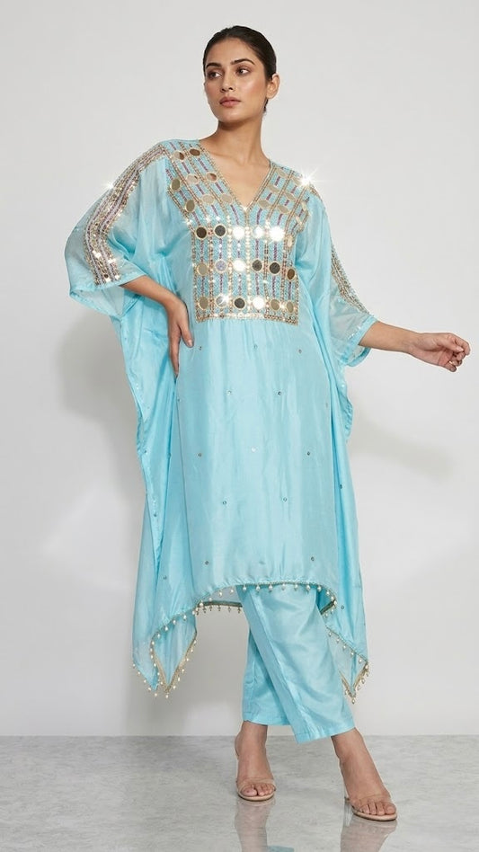 Light blue Kaftan set combines the timeless shimmer of hand-crafted mirror work, delicate beadwork, and sequins