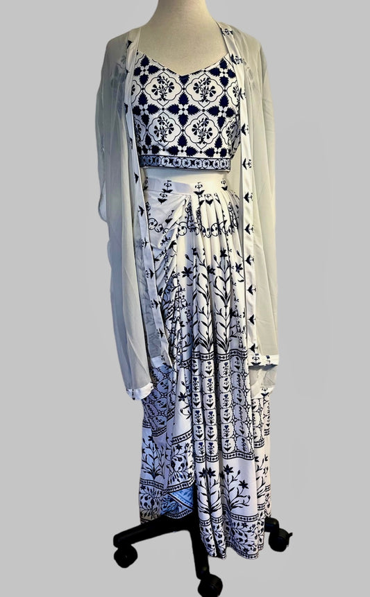 Contemporary Dhoti Skirt and Croptop with Kaftan