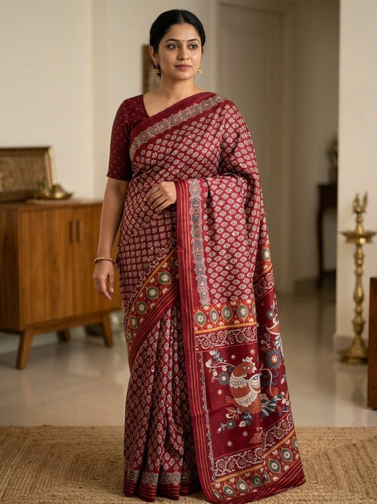 Usha - Semi Gajji Silk Mirror-work Ajrakh and Kalamkari