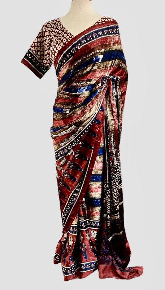 Phulari Ajrakh Print Prestitched Saree with Blouse