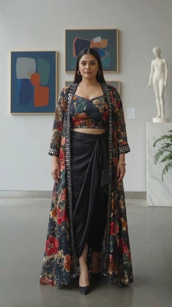 Woman in a floral indowestern outfit standing in an art gallery with paintings and sculptures in the background.