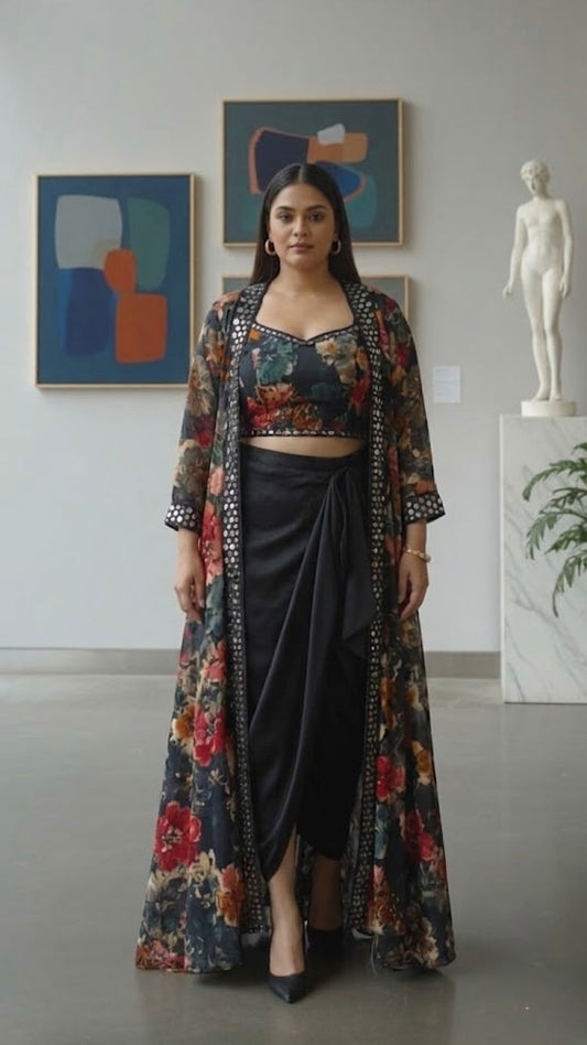 Woman in a floral indowestern outfit standing in an art gallery with paintings and sculptures in the background.