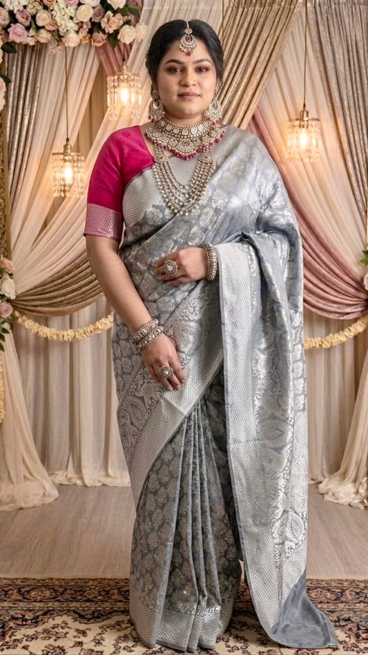 Pre-stitched Soft Lichi Silk Saree - Gray