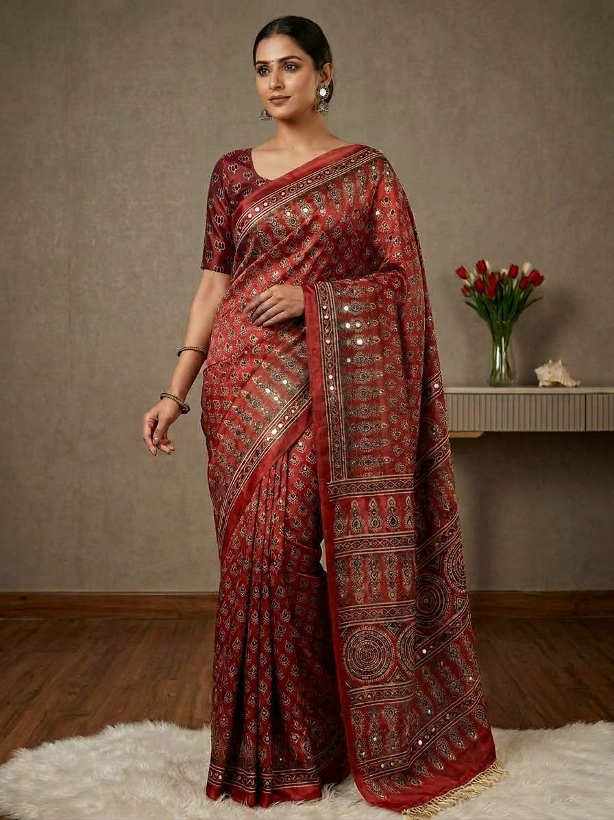 Aks - Ajrakh Print Real Mirror-work Saree