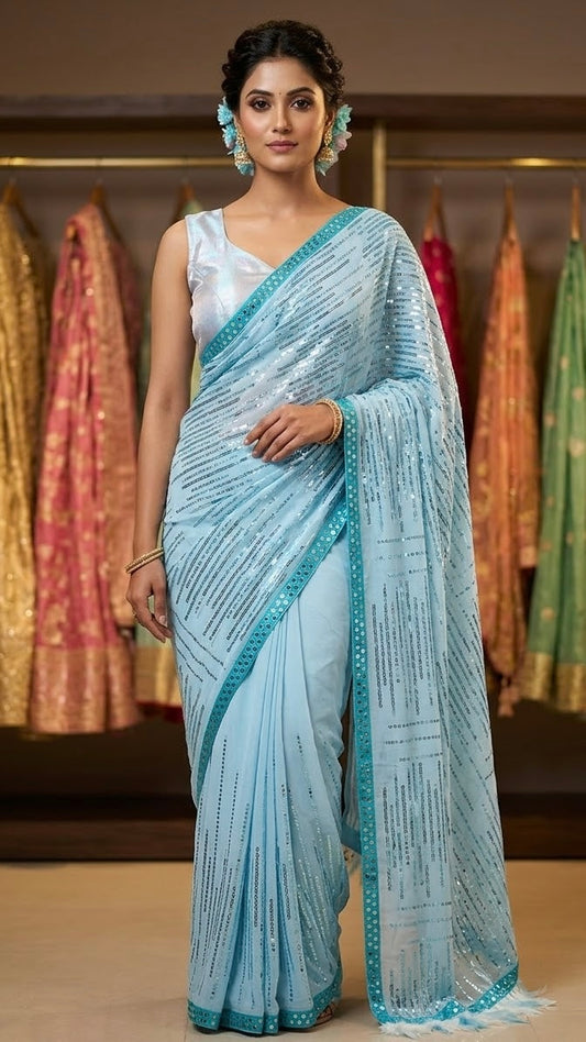 Aqua Sequins Saree
