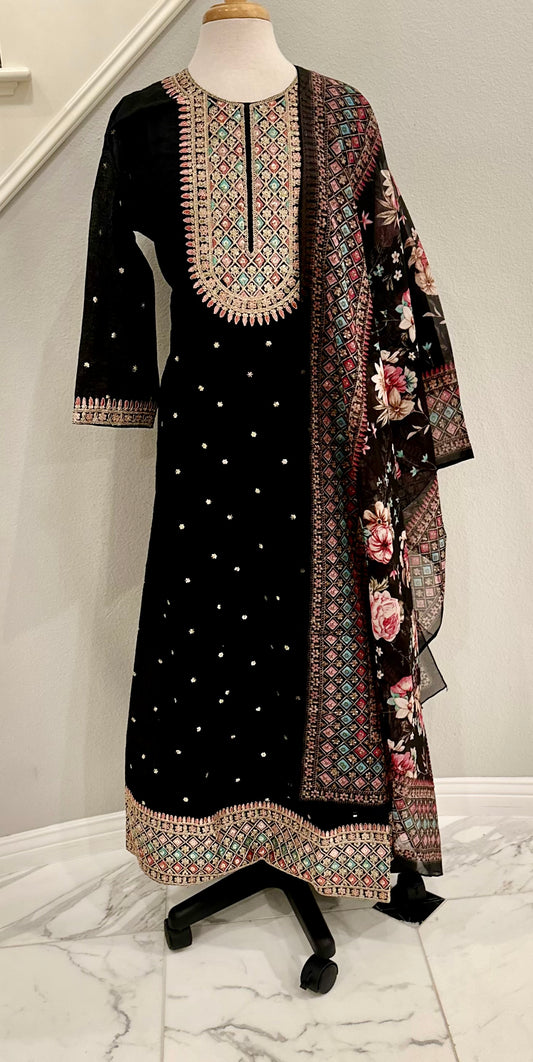 Ebony Chanderi Gown and Dupatta - 2pc Set