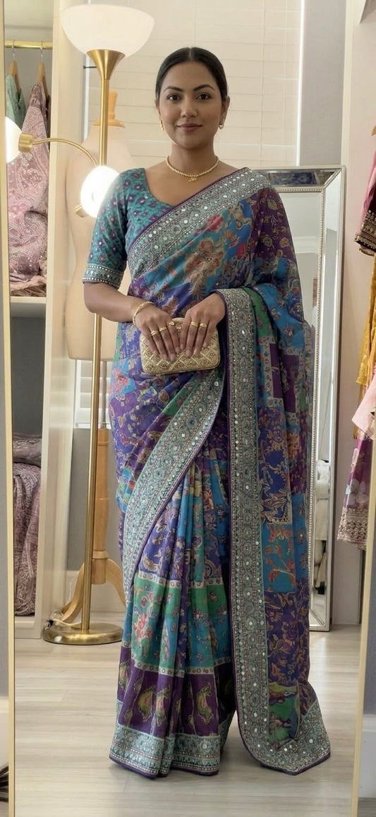 Tavusi Digital Print Mirror-work Saree