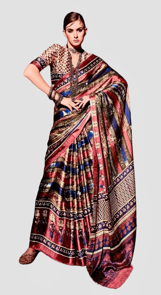 Phulari Ajrakh Print Prestitched Saree with Blouse