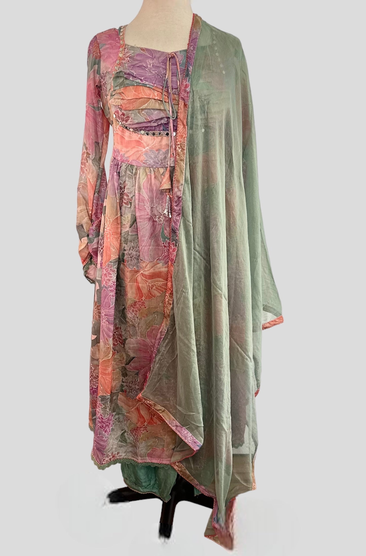 Ruched Mirror Work Chinnon Anarkali