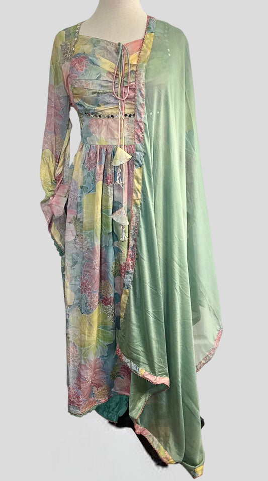 Ruched Mirror Work Chinnon Anarkali