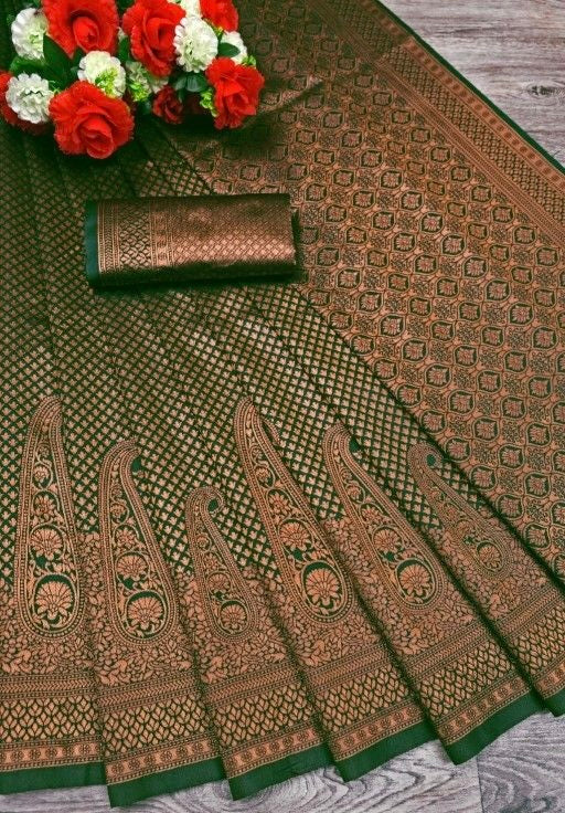Pre-stitched Banarasi Soft Silk Saree - Green and Copper