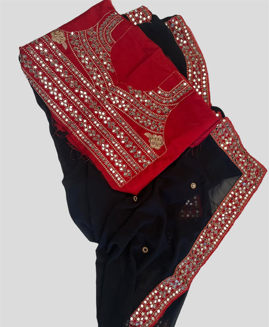 Pre-stitched Mirror Border Saree - Black