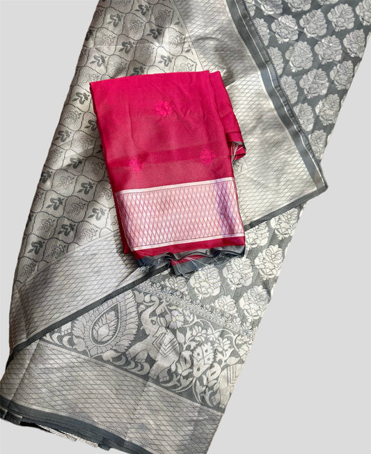 Pre-stitched Soft Lichi Silk Saree - Gray