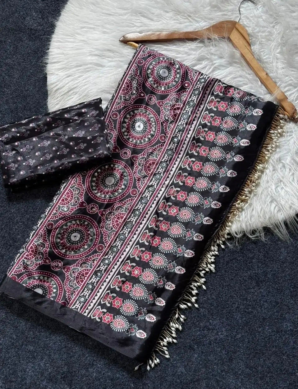 Aks - Ajrakh Print Real Mirror-work Saree