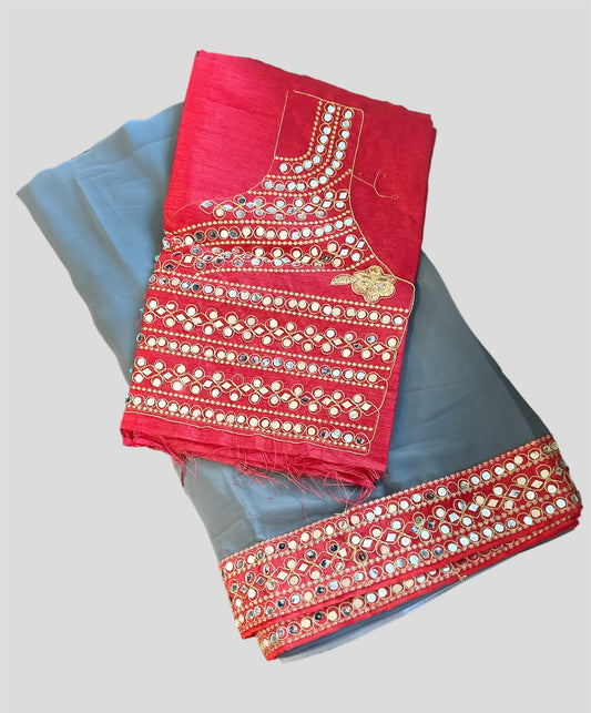 Pre-stitched Mirror Border Saree - Gray