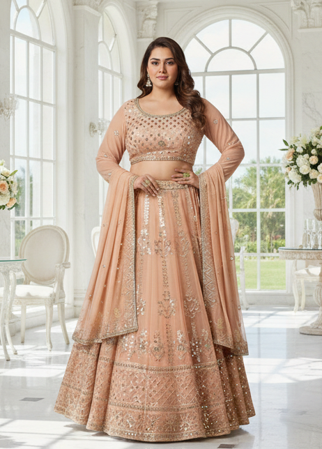 Peach Leatherette and Mirror Lehenga