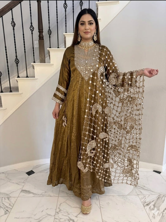 Viral Sheesh Poshida Dupatta Anarkali Gown in Copper Color