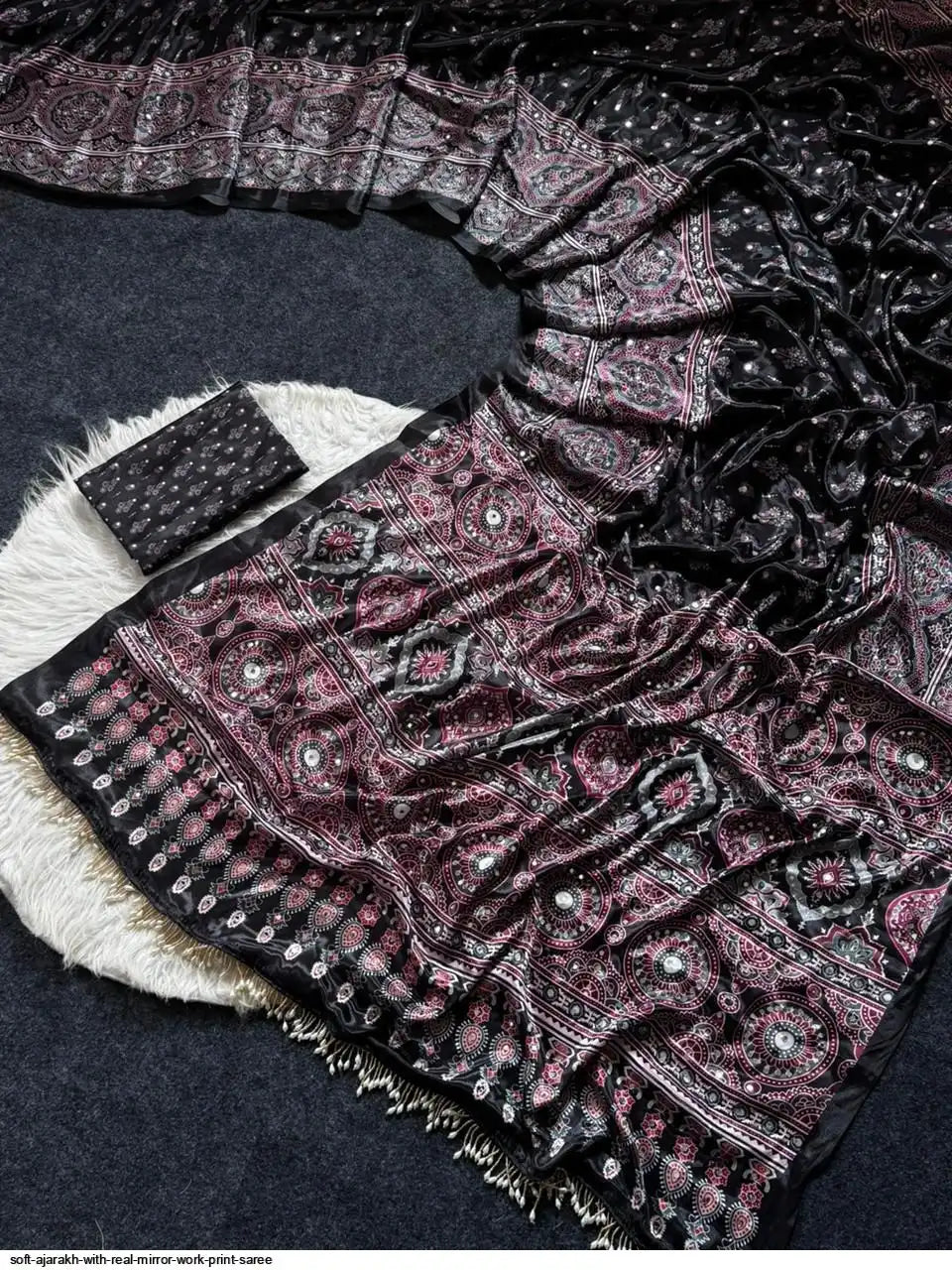 Aks - Ajrakh Print Real Mirror-work Saree