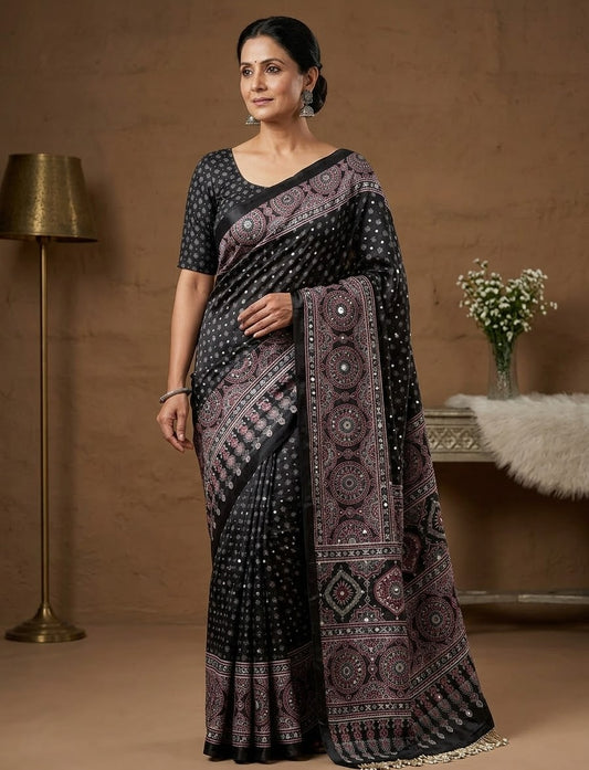 Aks - Ajrakh Print Real Mirror-work Saree