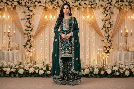 Heavy Embroidered Chinon Palazzo Suit - 3piece