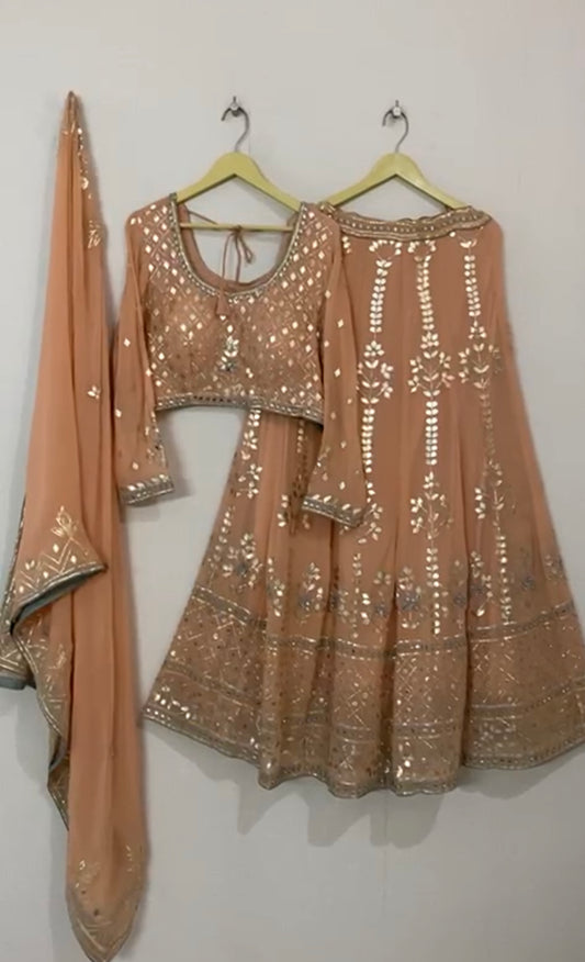 Peach Leatherette and Mirror Lehenga