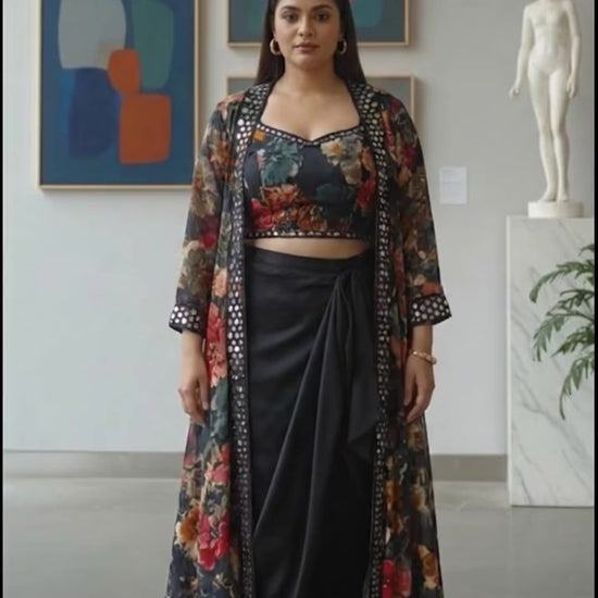 Woman in a floral indo western outfit standing in an art gallery with paintings and sculptures in the background.
