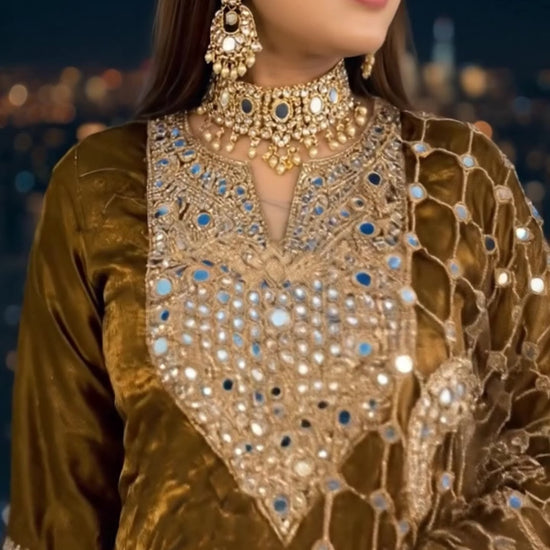 Viral Celebrity Inspired Sheesh Poshida Dupatta Anarkali Gown in Copper Brown    