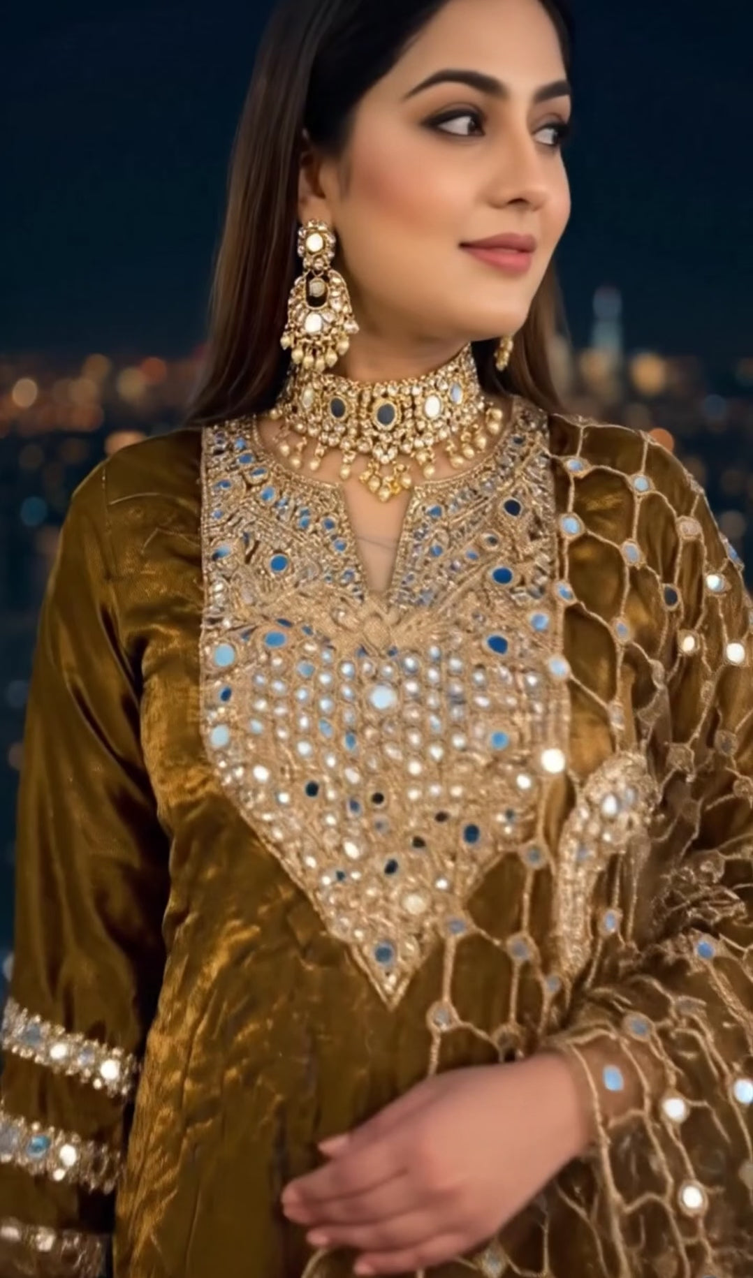 Viral Celebrity Inspired Sheesh Poshida Dupatta Anarkali Gown in Copper Brown    