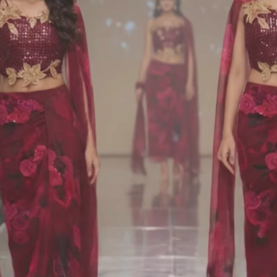 maroon indo-western outfit with floral patterns 