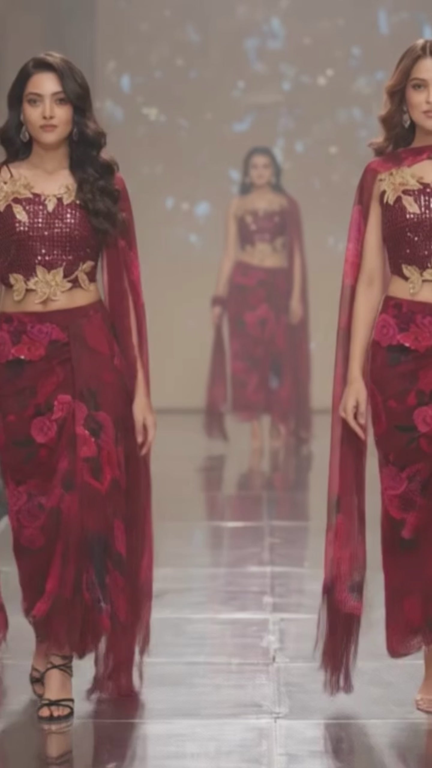maroon indo-western outfit with floral patterns 